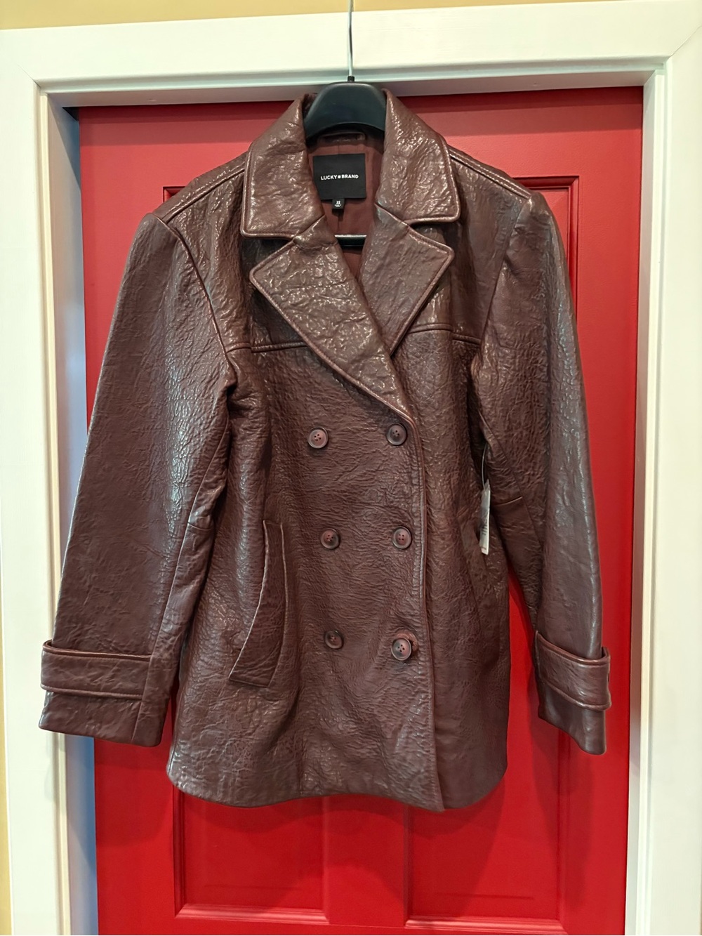 Lucky Brand Women's Burgundy Leather Double-Breasted Peacoat. New with tags.